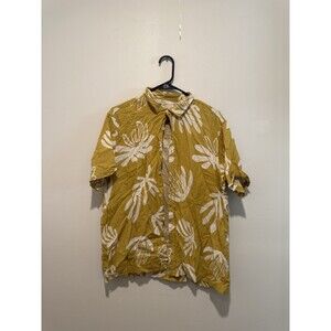 Folk Camp Shirt Mens M Gold  Short Sleeve Button Linen Viscose MSRP $155
